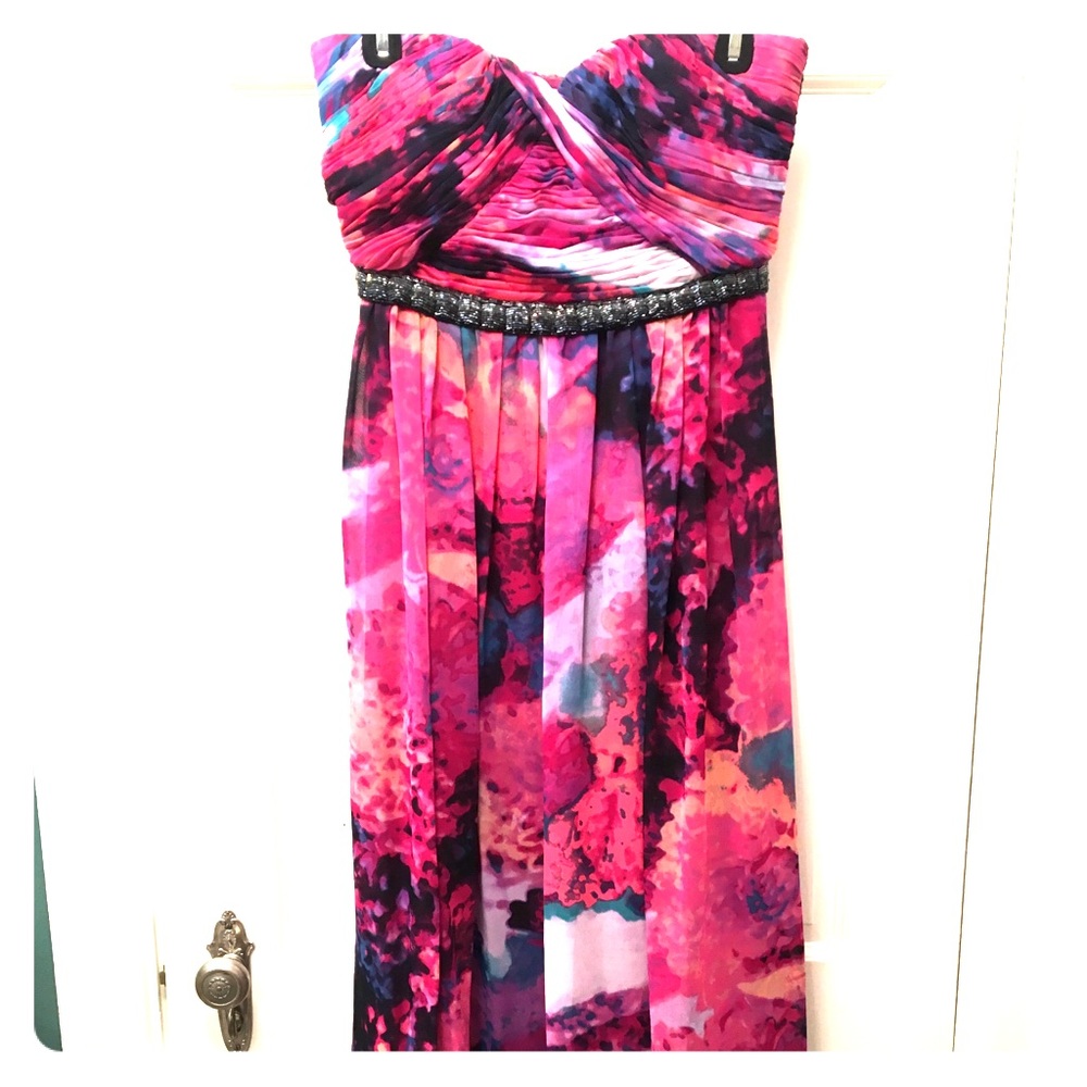 Strapless floral sequin-waisted gown